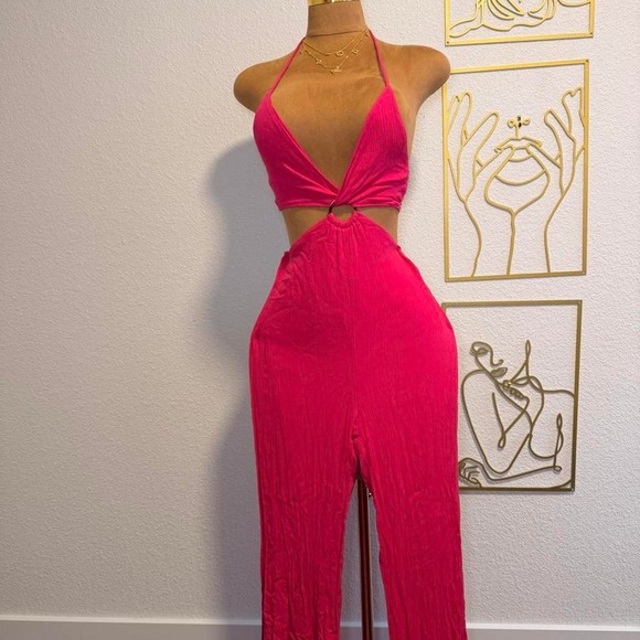Pants - Pink halter neck jumpsuit with cut out detail and tie back